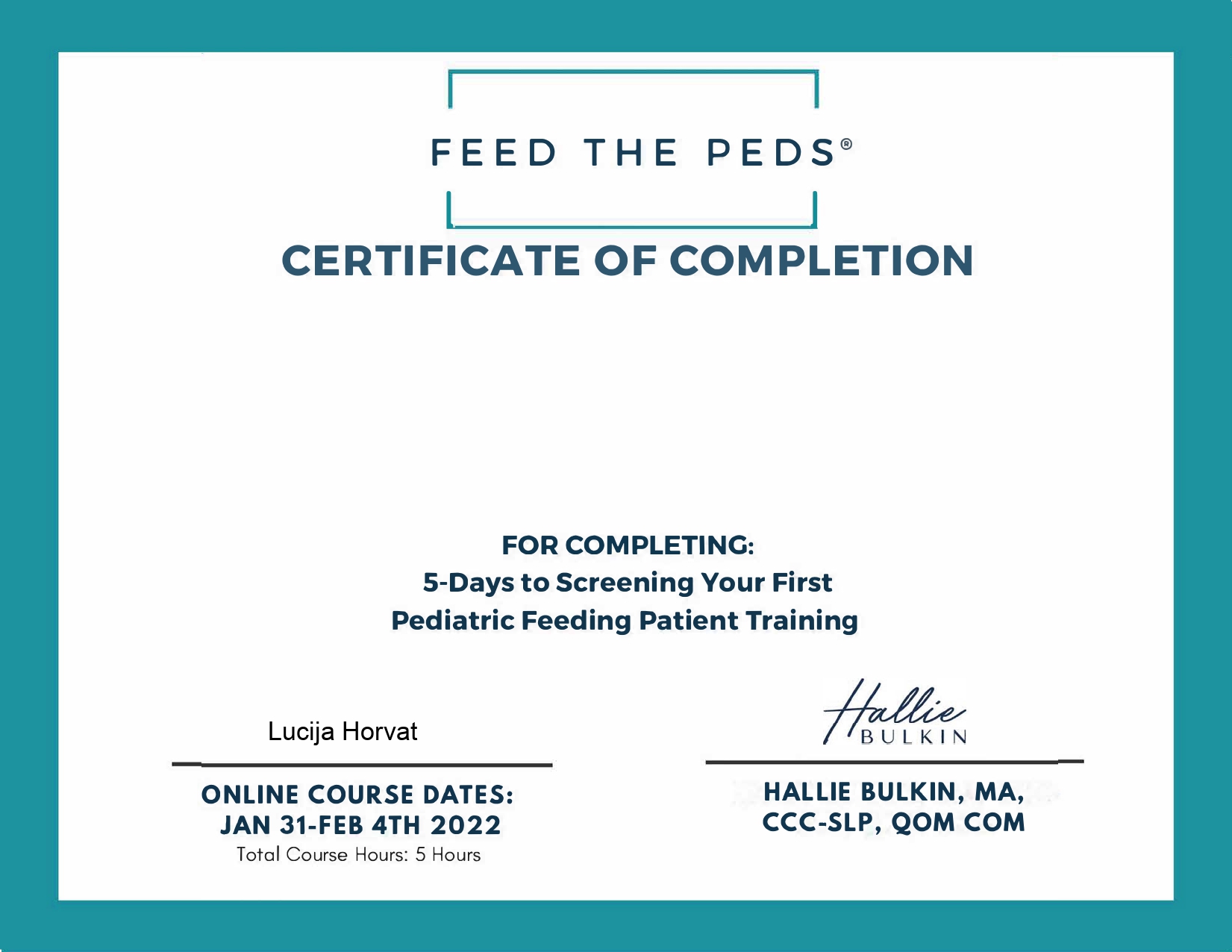 feed the peds certifikat Lucija Horvat Logoritam