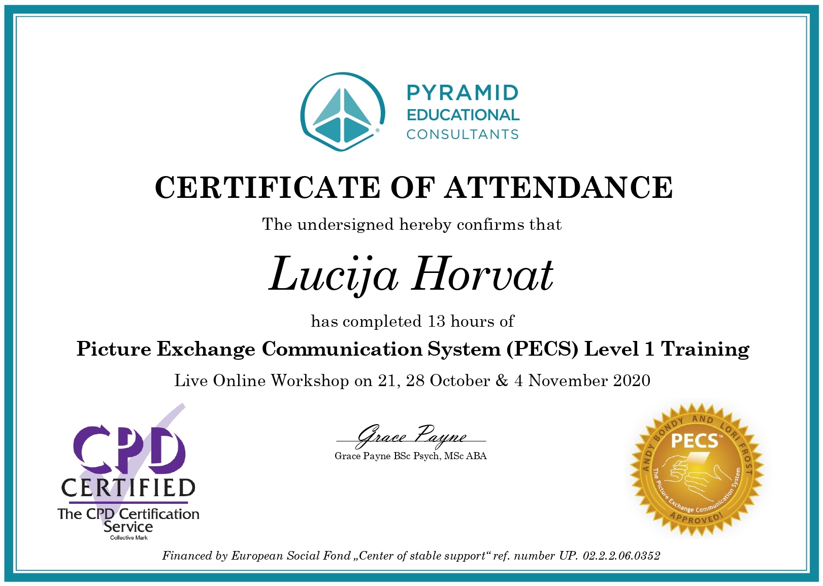 PECS Level 1 certifikat Lucija Horvat Logoritam